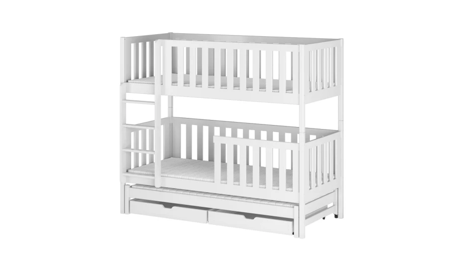 Weißes Kinder-Stockbett aus Massivholz mit Rausfallschutz und Schubladenelementen.