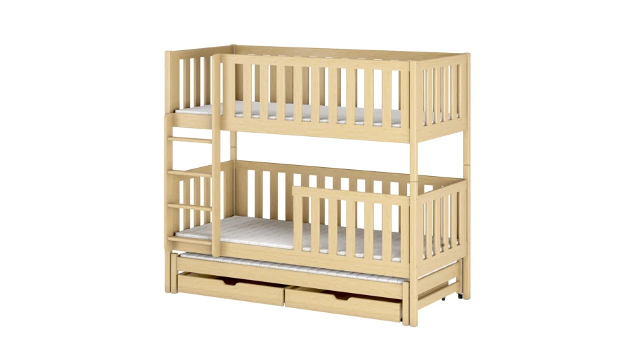 Etagenbett aus Naturholz mit zwei großen Bettschubladen und seitlicher Leiter.