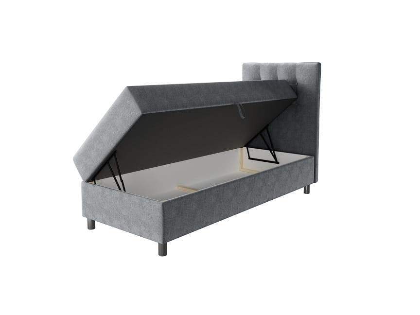 Polsterbett mit seitlich aufklappbarem Bettkasten für extra Stauraum.