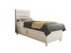 Beiges Boxspringbett mit hohem Kopfteil und Metallfüßen auf weißem Hintergrund.