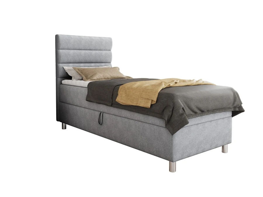 Einzelbett Boxspringbett hellgrau mit Bettkasten und Matratze auf weißem Hintergrund