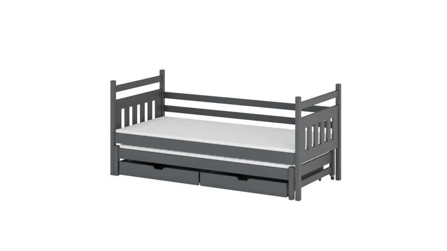 Dunkelgraues Funktionsbett aus Holz mit zweiter Schlafgelegenheit und Schubladen.
