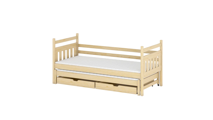 Kinderbett aus Kiefer Natur mit ausziehbarem Gästebett und zwei Schubladen.
