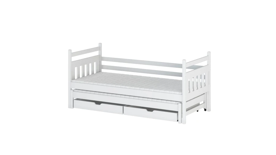 Weißes Massivholzbett für Kinder mit Ausziehbett und praktischem Stauraum.