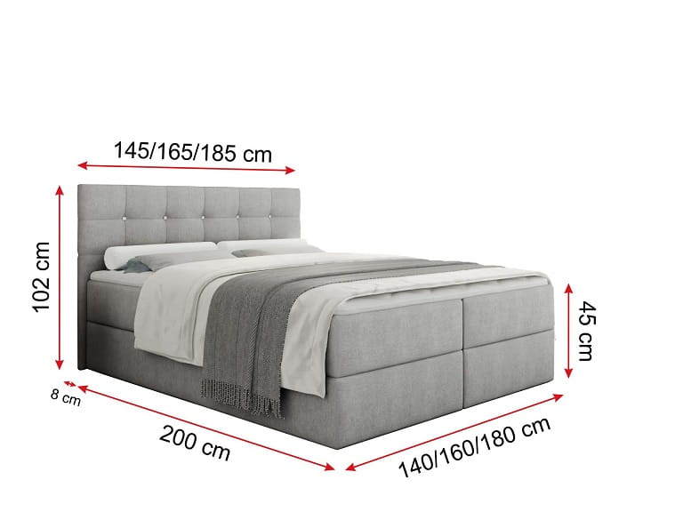 Detaillierte Maße für ein graues Boxspringbett mit gestepptem Kopfteil in verschiedenen Breiten.