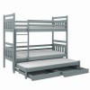 Graues Dreier-Etagenbett aus Holz mit Ausziehbett und zwei praktischen Schubladen.