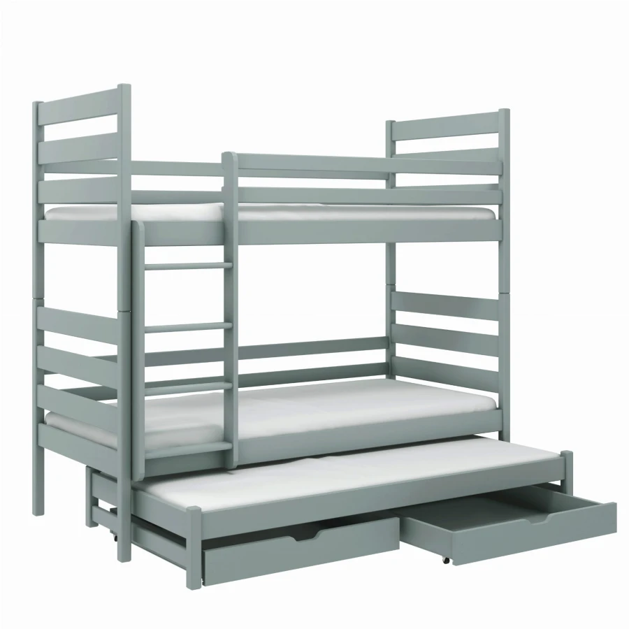 Modernes graues Etagenbett mit ausziehbarem Drittbett und Schubfächern.