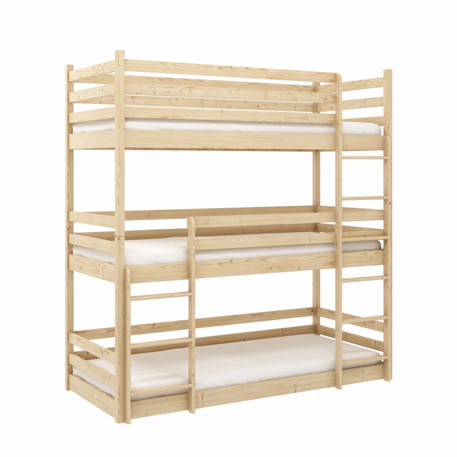 Robust triple bunk bed made of light pine wood for three people.