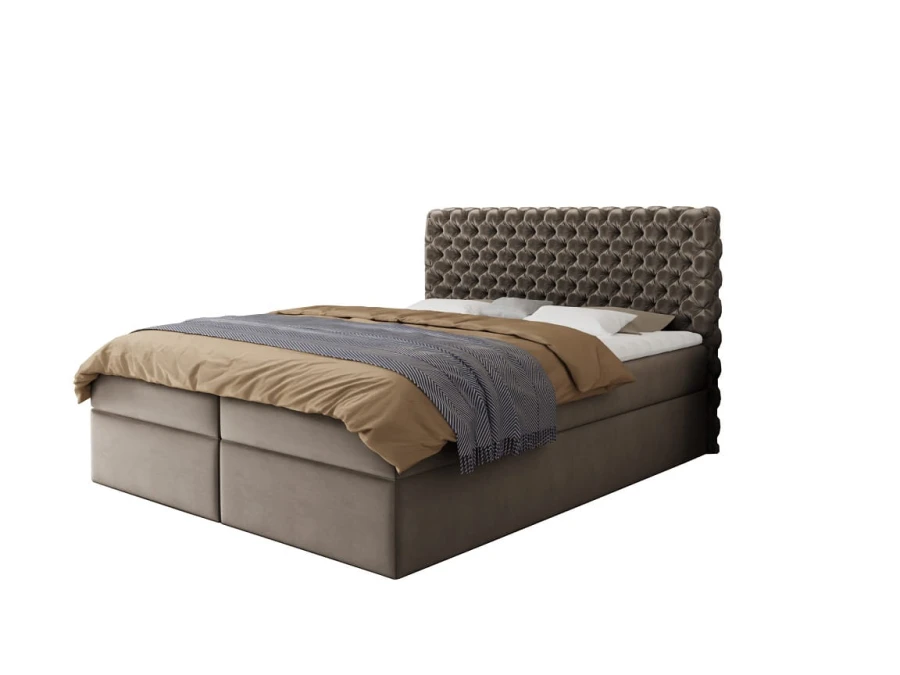 Taupefarbenes Boxspringbett mit Chesterfield-Kopfende freigestellt auf Weiß.