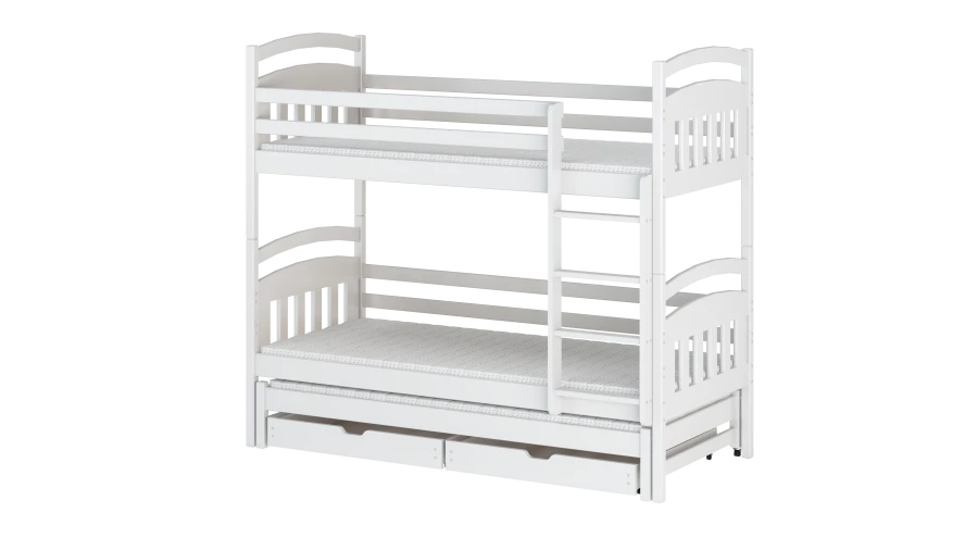 Weißes Hochbett aus Massivholz mit zwei Bettschubladen für mehr Stauraum.