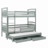 Graugrünes Stockbett mit ausziehbarem Gästebett und zwei offenen Schubladen.