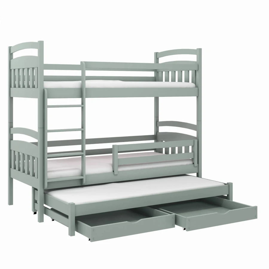 Graugrünes Stockbett mit ausziehbarem Gästebett und zwei offenen Schubladen.