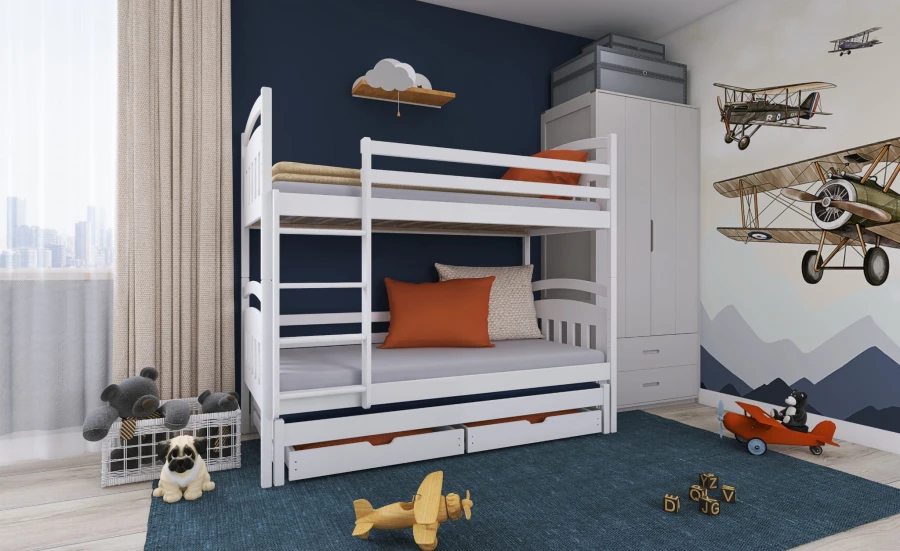 Weißes Kinder-Etagenbett in einem modern eingerichteten Zimmer mit Flugzeug-Deko.