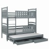 Dunkelgraues 3-Personen-Etagenbett mit ausgezogenem Rollbett und zwei Schubkästen.