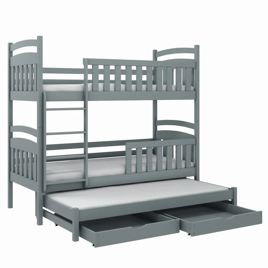 Dunkelgraues 3-Personen-Etagenbett mit ausgezogenem Rollbett und zwei Schubkästen.