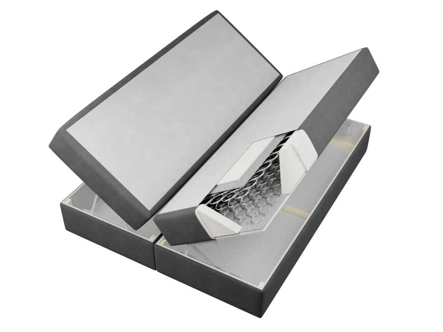 Funktionsweise eines Boxspring-Bettkastens mit Bonell-Federung und grauem Textilbezug.