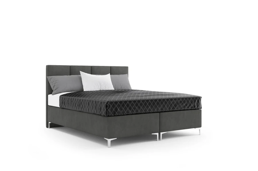 Elegantes graues Boxspringbett mit minimalistischen Metallfüßen, Studioaufnahme auf Weiß.