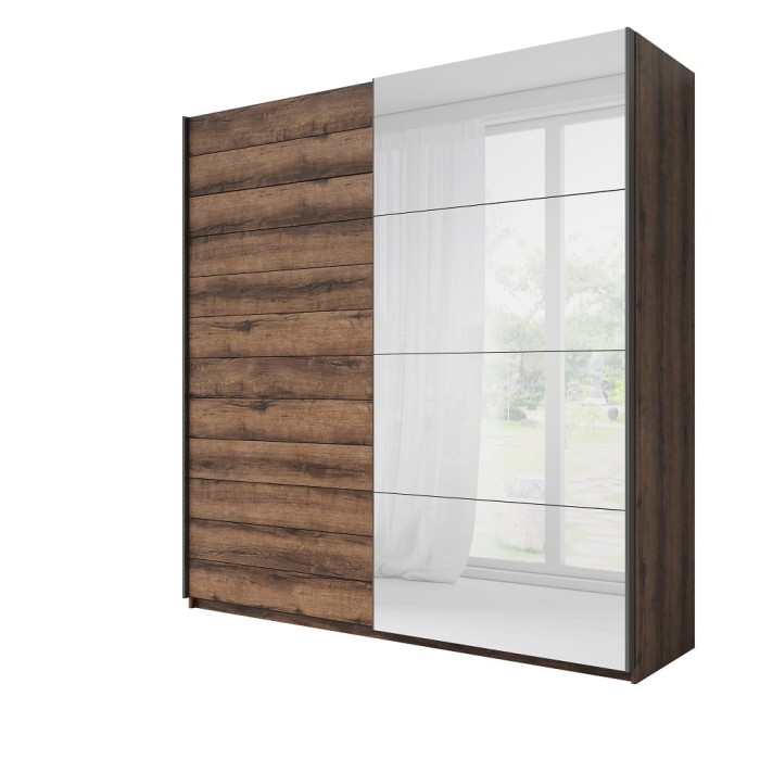 Moderner Schwebetürenschrank in dunkler Eichenoptik mit Spiegelfront für das Schlafzimmer.