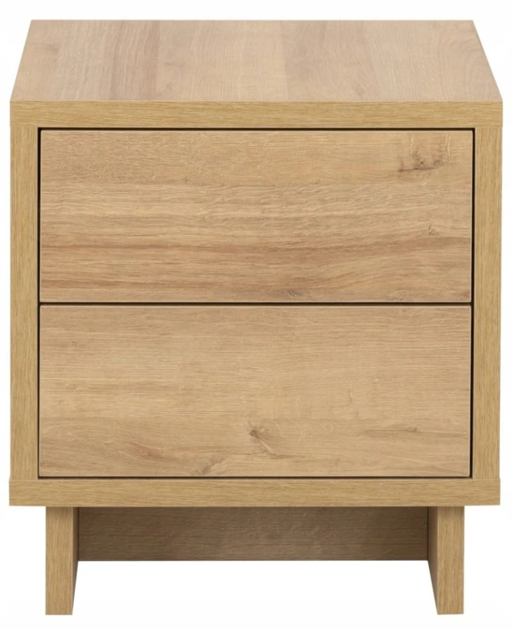 Nachttisch aus Holz mit zwei Schubladen, minimalistisches Design für das Schlafzimmer.