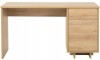 Schreibtisch aus hellem Holz mit Stauraum durch Schublade und Türfach.