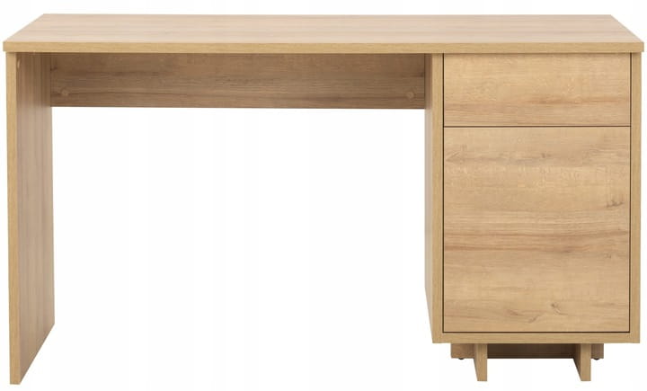 Schreibtisch aus hellem Holz mit Stauraum durch Schublade und Türfach.