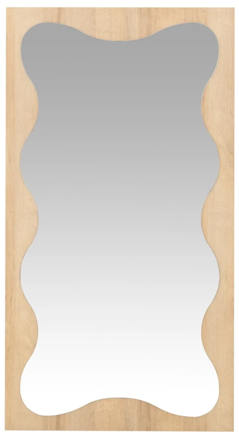 Dekorativer Wandspiegel mit Wellenform auf Holzrückwand für Flur oder Schlafzimmer.