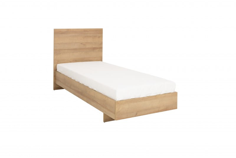Einzelbett in Holzoptik mit hohem Kopfteil und weißer Matratze, modernes Design.