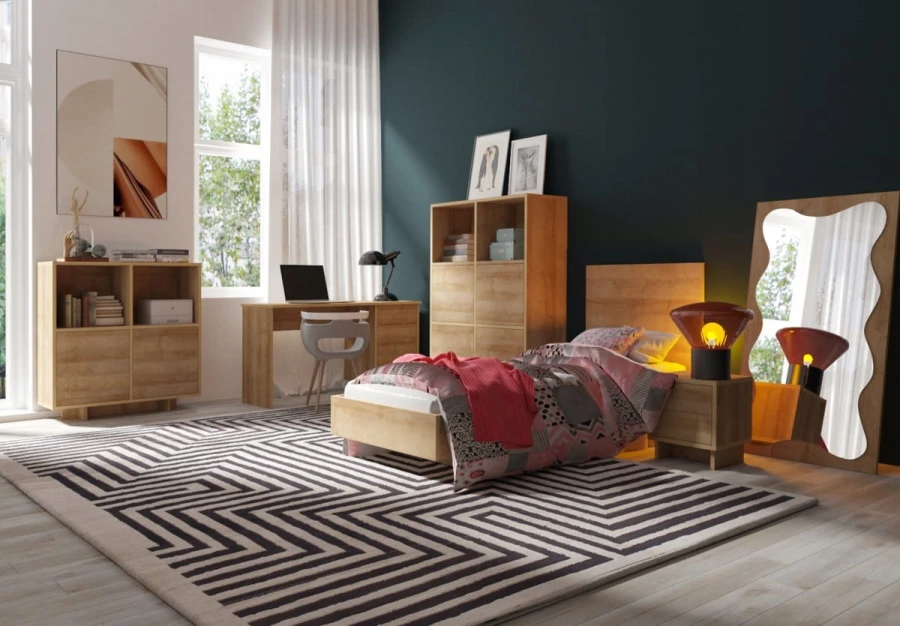 Modernes Jugendzimmer-Set in Eiche mit Bett, Schreibtisch und Zickzack-Teppich.