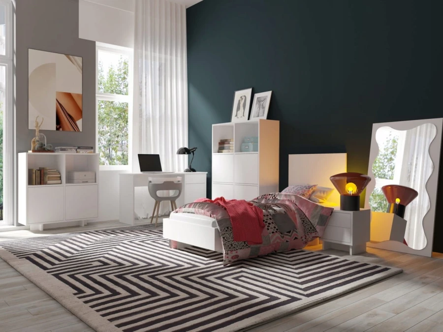 Komplettes Kinderzimmer-Möbelset in Weiß mit Wellenspiegel und gemütlichem Bett.