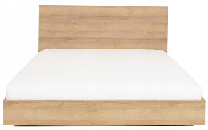 Modernes Doppelbett in heller Eiche-Optik mit schlichtem Kopfteil.