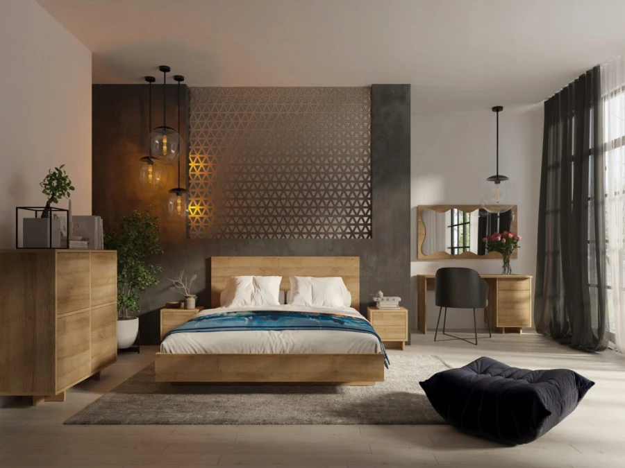 Modernes Schlafzimmer-Set aus Holz mit Doppelbett, Kommode und Schminktisch in elegantem Design.