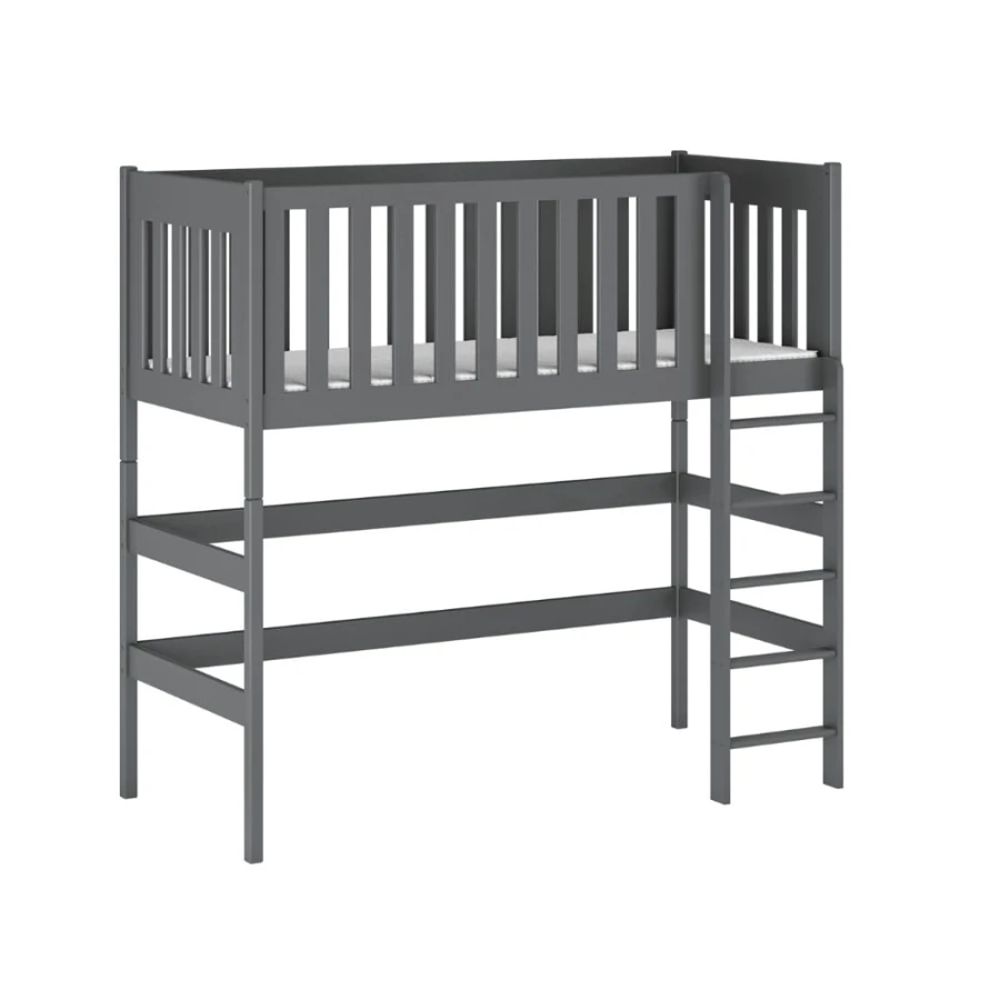 Stabiles graues Hochbett aus Massivholz mit Leiter und Sicherheitsgitter für das Kinderzimmer.