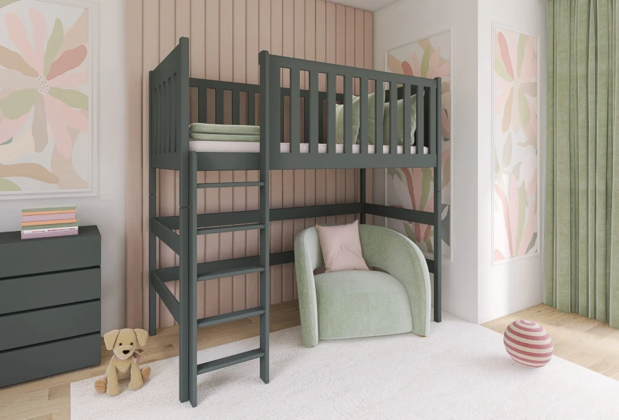 Graues Kinder-Hochbett mit gemütlicher Sitzecke und Sessel darunter in einem modern eingerichteten Zimmer.