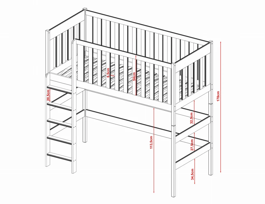Maßzeichnung eines weißen Kinderhochbetts mit allen wichtigen Abmessungen für die Planung.