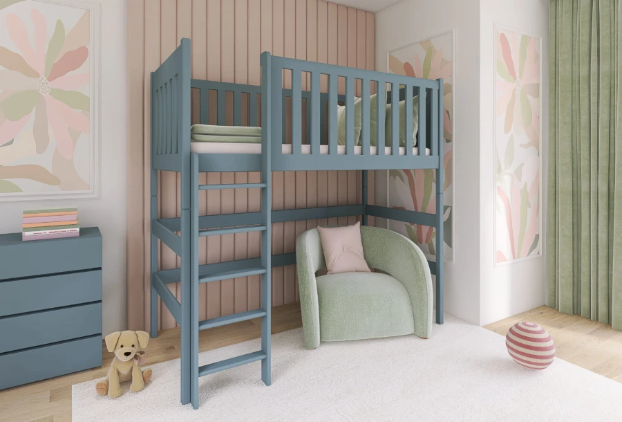 Blaues Hochbett im stilvollen Kinderzimmer mit gemütlichem Sessel.