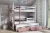 Etagenbett für drei Kinder in Weiß und Rosa mit Ausziehbett und praktischen Bettschubladen.