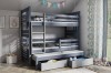 Dunkelblaues Etagenbett für drei Personen mit Ausziehbett und Schubladen im modern eingerichteten Kinderzimmer.