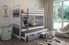 Zweifarbiges Etagenbett in Weiß und Blau für drei Kinder mit Stauraum und Ausziehbett.