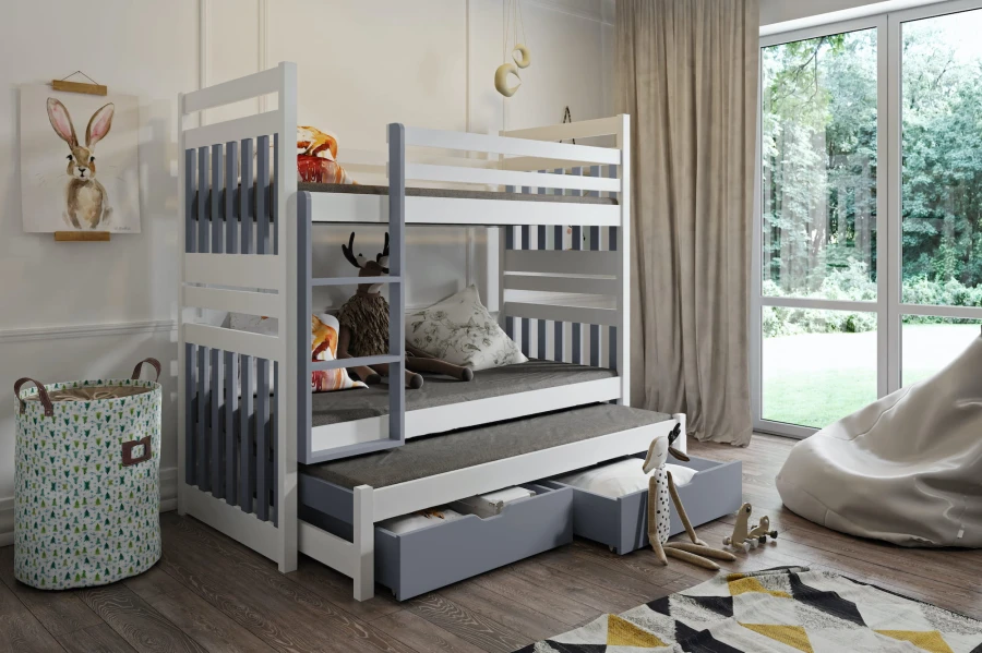 Zweifarbiges Etagenbett in Weiß und Blau für drei Kinder mit Stauraum und Ausziehbett.