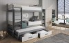 Modern 3-person bunk bed in grey and white with pull-out bed and drawers for siblings.