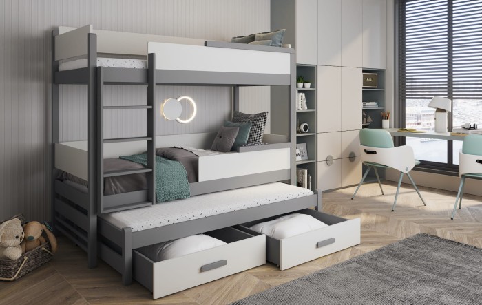 Modernes 3-Personen-Etagenbett in Grau und Weiß mit Ausziehbett und Schubladen für Geschwister.
