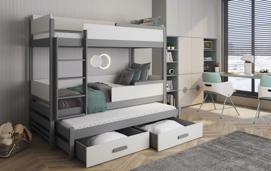 Modern 3-persoons stapelbed in grijs en wit met uitschuifbed en laden voor broertjes en zusjes.