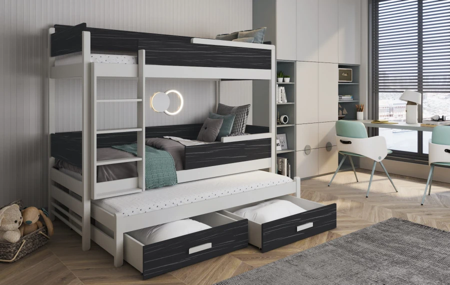 Elegant stapelbed in zwarte houtlook en wit met drie slaapplaatsen en opbergladen.