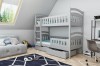 Grey wooden bunk bed with practical drawers in a modern nursery under a sloping roof.