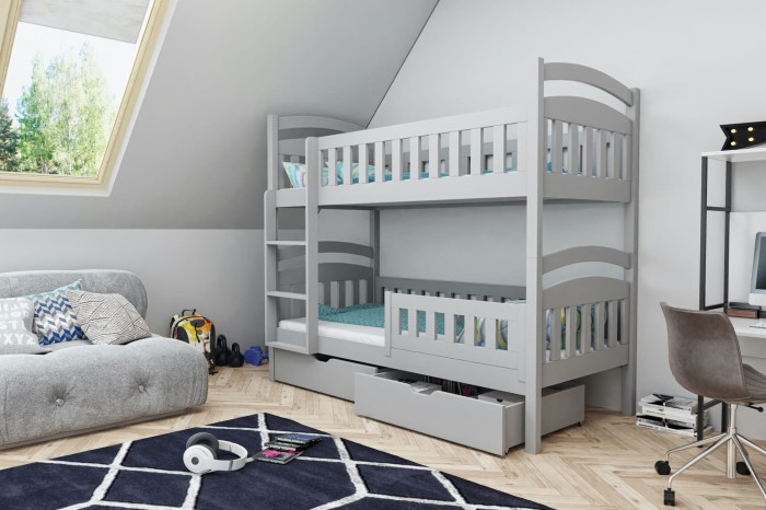 Graues Kinder-Etagenbett aus Holz mit Lattenzaun-Optik und Stauraumschublade.