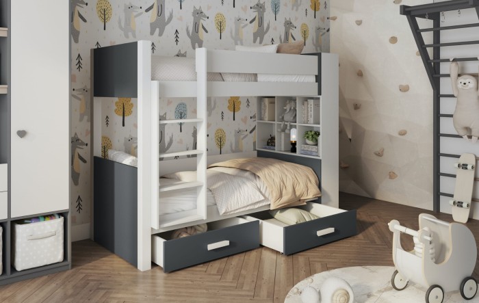 Etagenbett Hochbett Kinderbett für 2 Kinder GEORG Weiß Acryl + Anthrazit.jpg