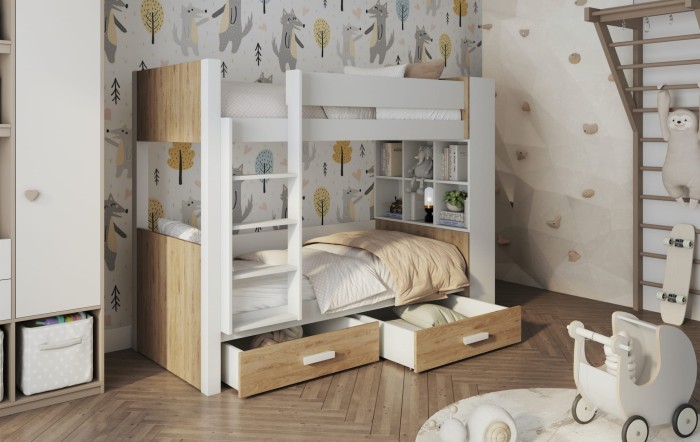 Etagenbett Hochbett Kinderbett für 2 Kinder GEORG Weiß Acryl + Eiche.jpg