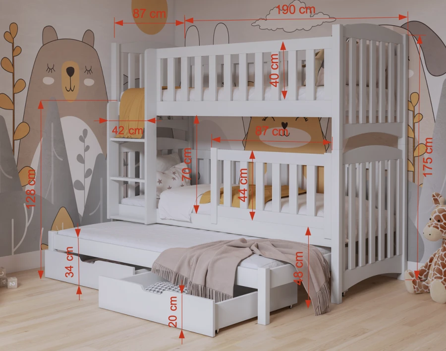 Weißes 3-Personen Etagenbett mit Maßen: Funktionelles Kinderbett mit Ausziehbett und Schubladen.