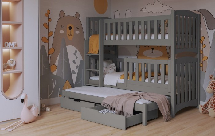 Graues Etagenbett für drei Kinder mit Ausziehfunktion und zwei Bettschubladen im Kinderzimmer.