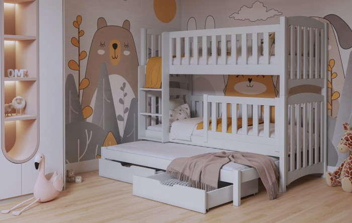 Weißes Etagenbett für Kinder mit drittem Schlafplatz und praktischen Schubladen.